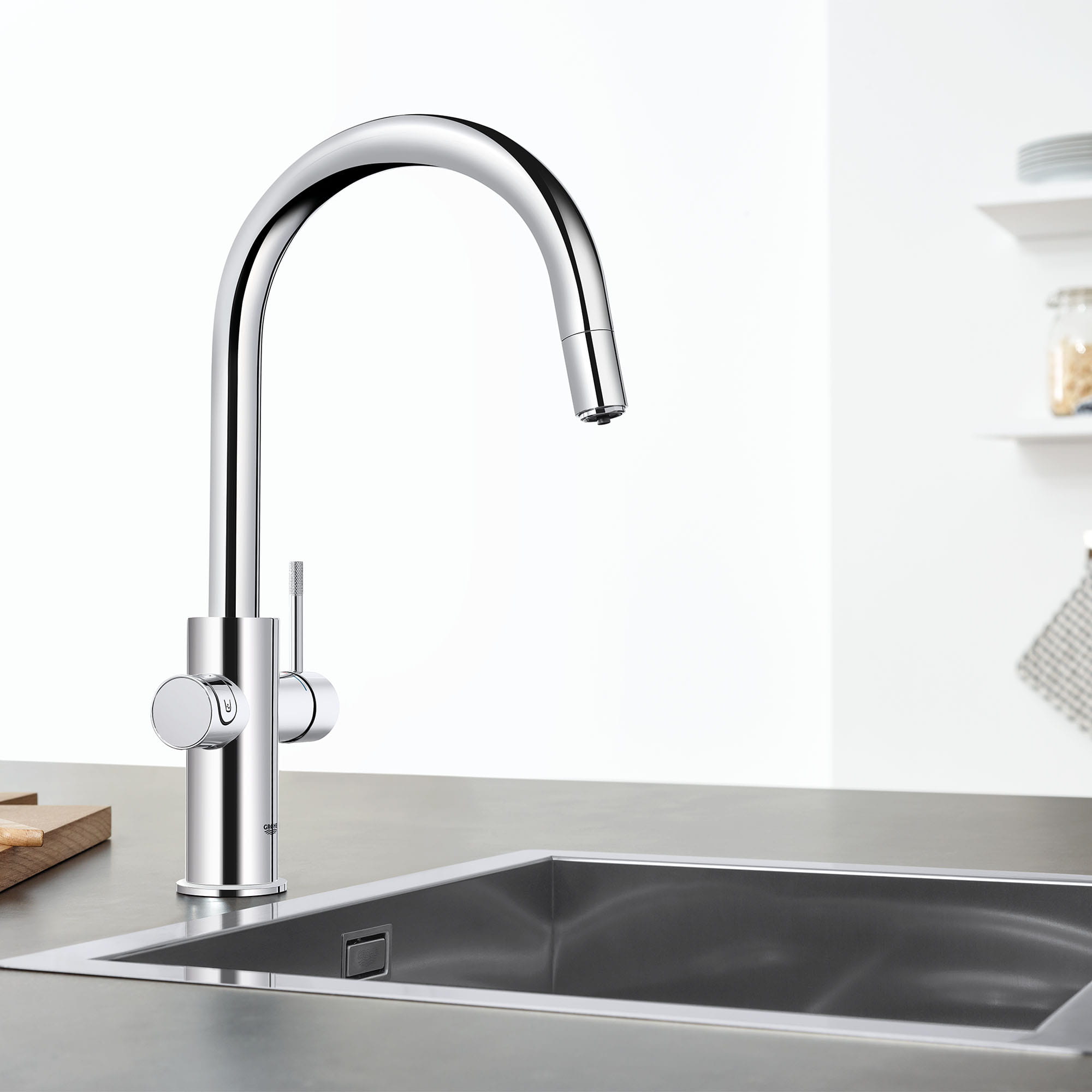 Single Handle Pull Down Kitchen Faucet Single Spray 175gpm With Chilled and Sparkling Water GROHE CHROME